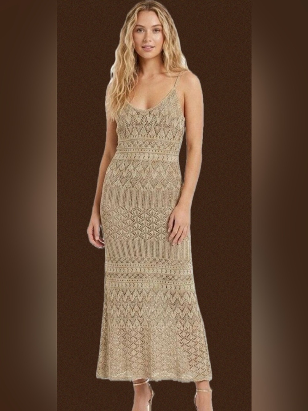 Ronny Kobo Beige Crochet Maxi Dress with Spaghetti Straps. NWT Size L